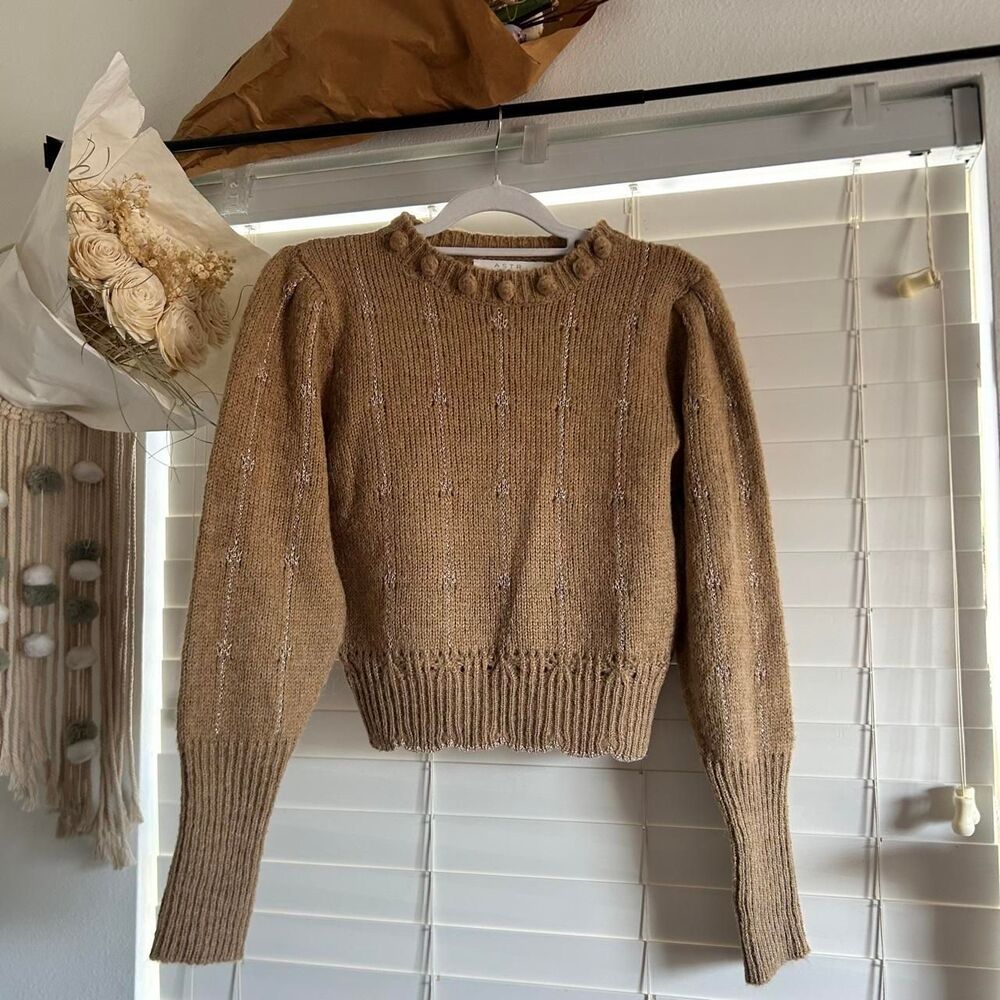 ASTR The Label Biscuit brown Metallic Knit Puff Sleeve Sweater Size S